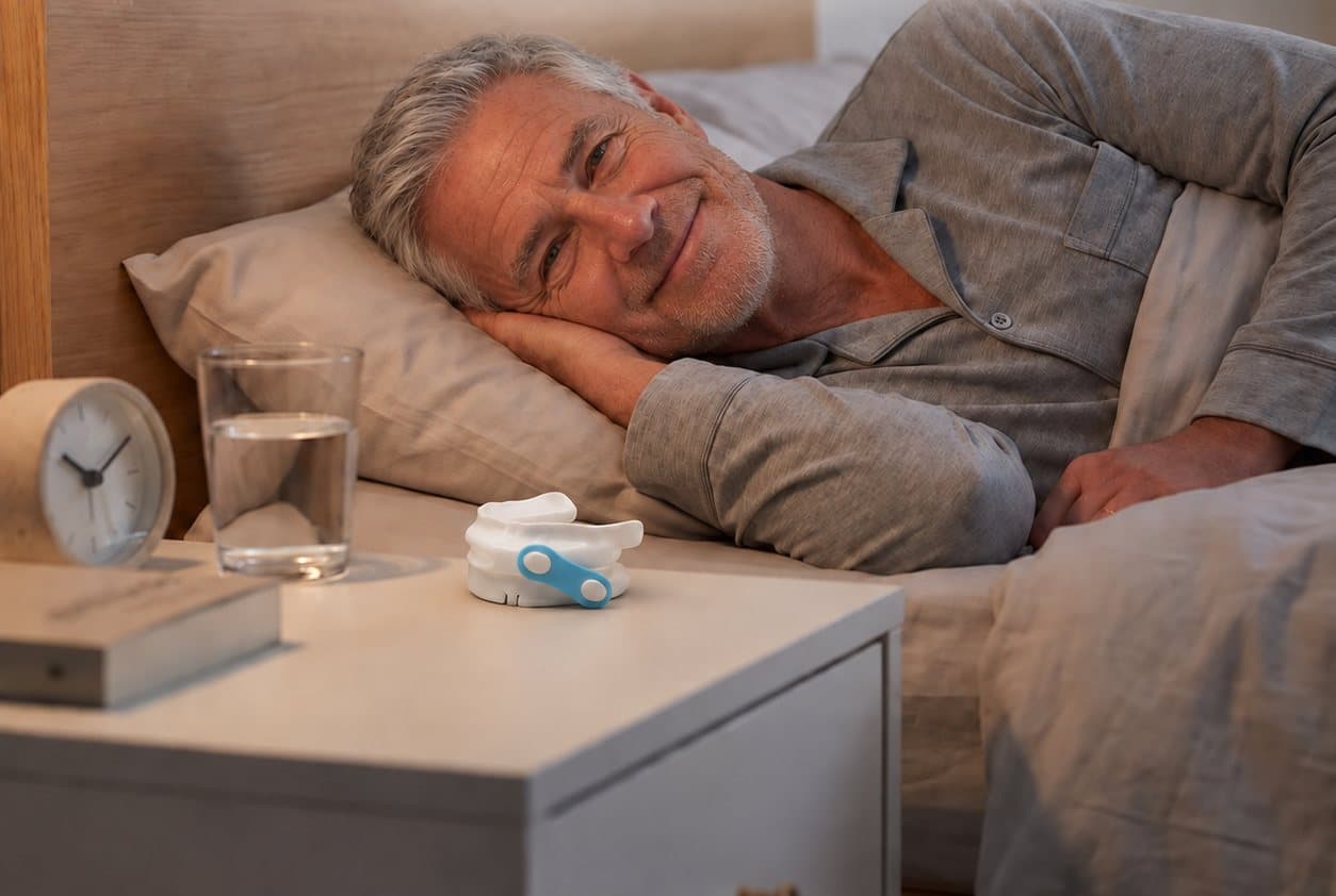 Smiling man lying in bed with his iHeart Sleep oral device on the bedside table